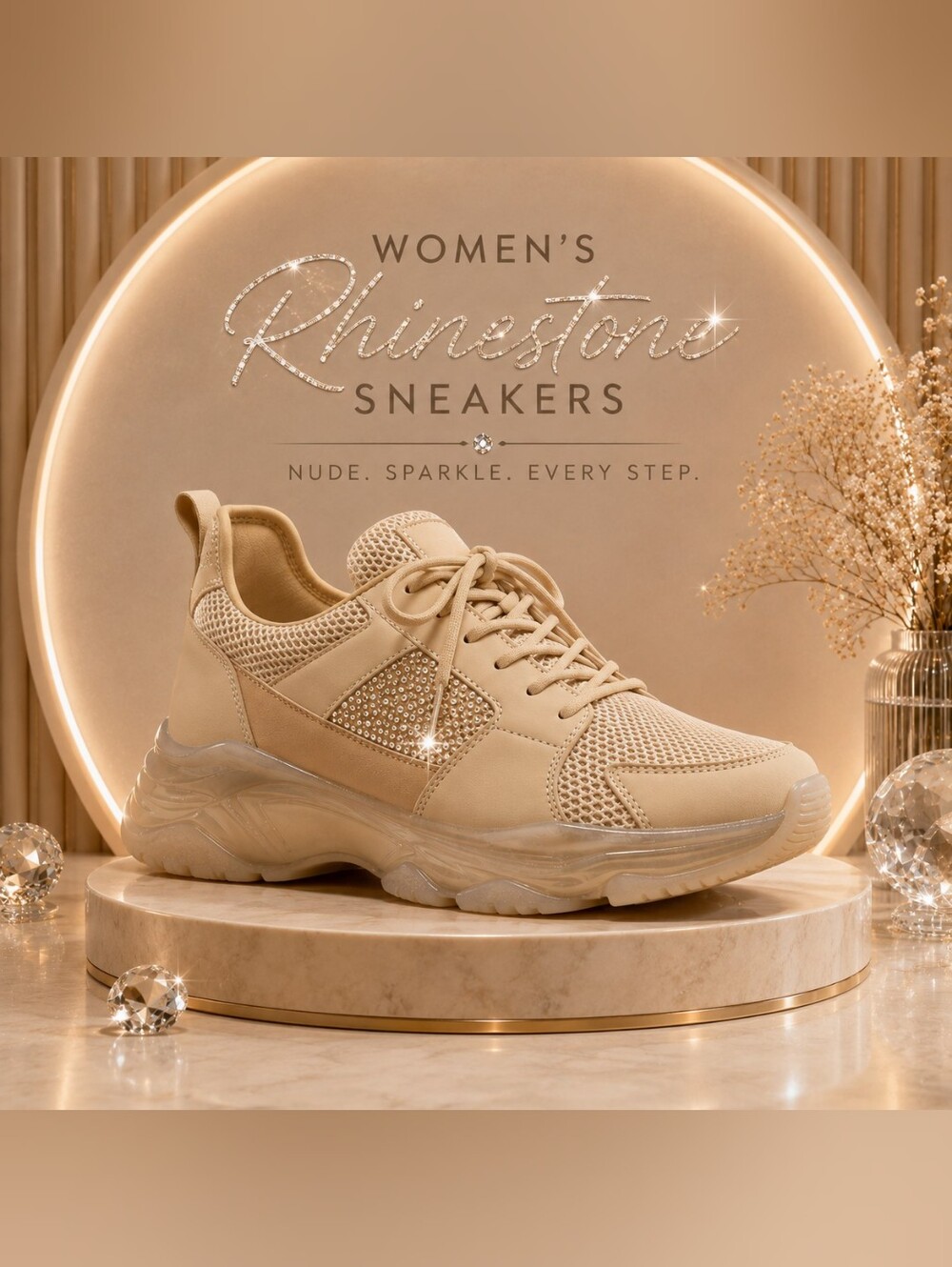 Women’s Nude Rhinestone Chunky Sneakers – Sizes 8.5 & 9.5 – New in Box